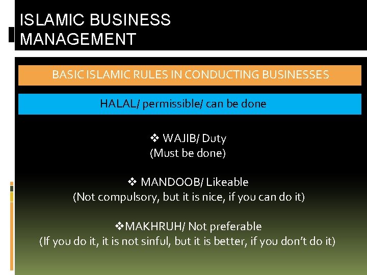ISLAMIC BUSINESS MANAGEMENT BASIC ISLAMIC RULES IN CONDUCTING BUSINESSES HALAL/ permissible/ can be done