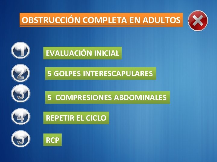 OBSTRUCCIÓN COMPLETA EN ADULTOS EVALUACIÓN INICIAL 5 GOLPES INTERESCAPULARES 5 COMPRESIONES ABDOMINALES REPETIR EL