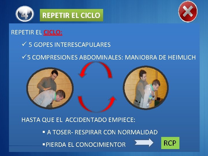 REPETIR EL CICLO: ü 5 GOPES INTERESCAPULARES ü 5 COMPRESIONES ABDOMINALES: MANIOBRA DE HEIMLICH