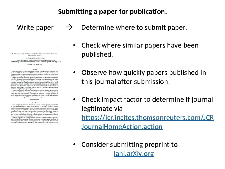 Submitting a paper for publication. Write paper Determine where to submit paper. • Check