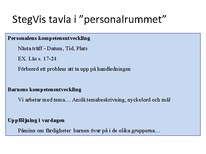 Steg. Vis tavla i ”personalrummet” Personalens kompetensutveckling Nästa träff - Datum, Tid, Plats EX.