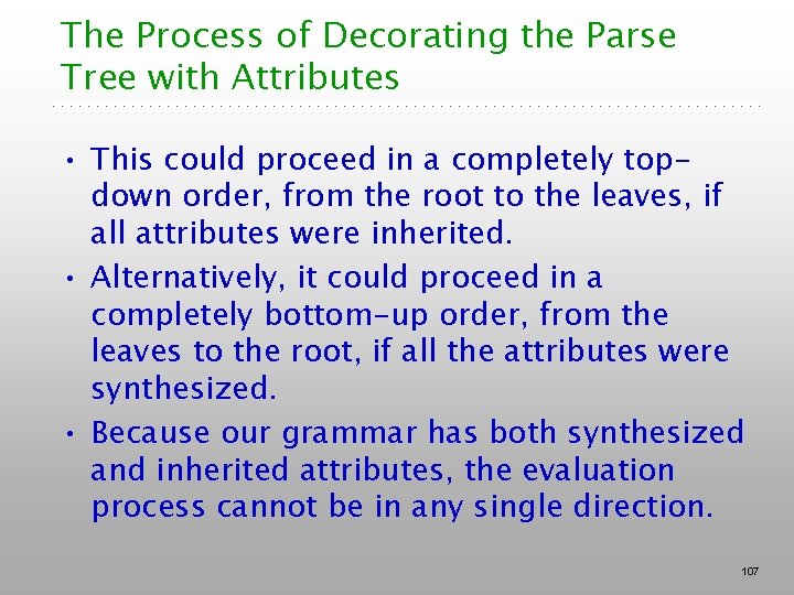 The Process of Decorating the Parse Tree with Attributes • This could proceed in The Process of Decorating the Parse Tree with Attributes • This could proceed in