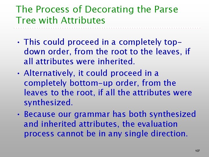 The Process of Decorating the Parse Tree with Attributes • This could proceed in