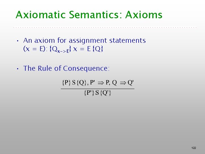 Axiomatic Semantics: Axioms • An axiom for assignment statements (x = E): {Qx->E} x Axiomatic Semantics: Axioms • An axiom for assignment statements (x = E): {Qx->E} x