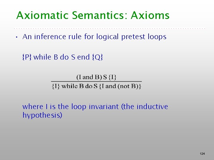 Axiomatic Semantics: Axioms • An inference rule for logical pretest loops {P} while B Axiomatic Semantics: Axioms • An inference rule for logical pretest loops {P} while B