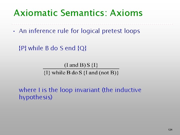 Axiomatic Semantics: Axioms • An inference rule for logical pretest loops {P} while B