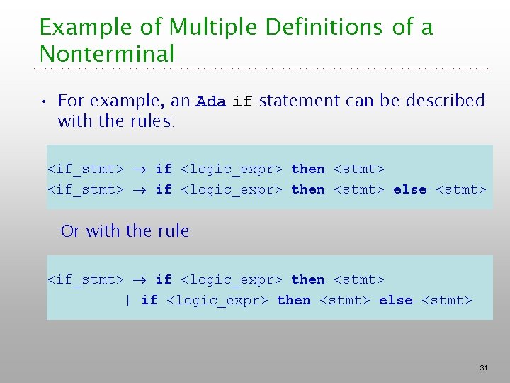 Example of Multiple Definitions of a Nonterminal • For example, an Ada if statement