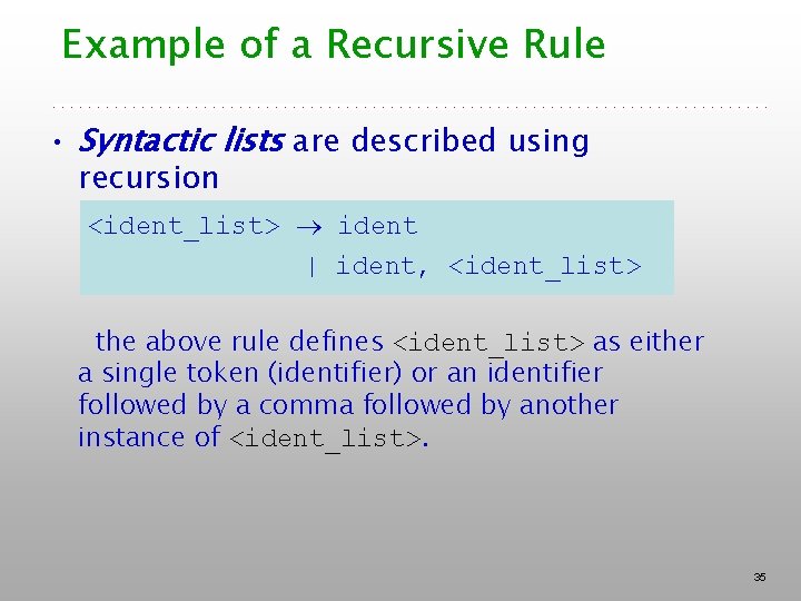 Example of a Recursive Rule • Syntactic lists are described using recursion <ident_list> ident