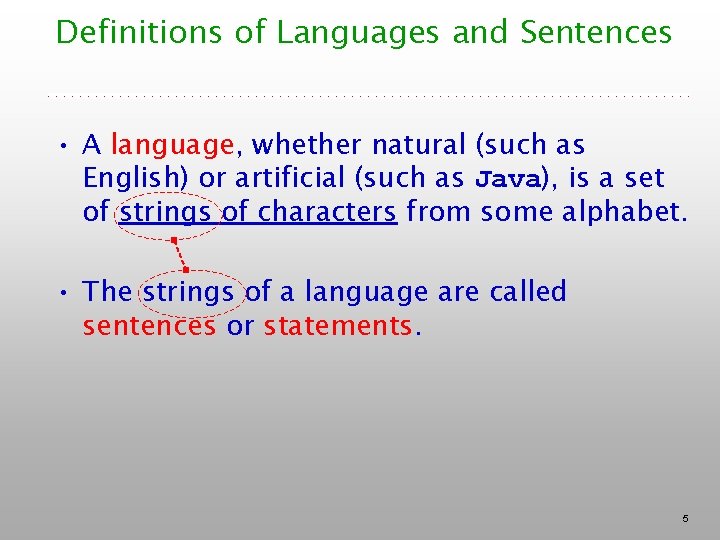 Definitions of Languages and Sentences • A language, whether natural (such as English) or Definitions of Languages and Sentences • A language, whether natural (such as English) or