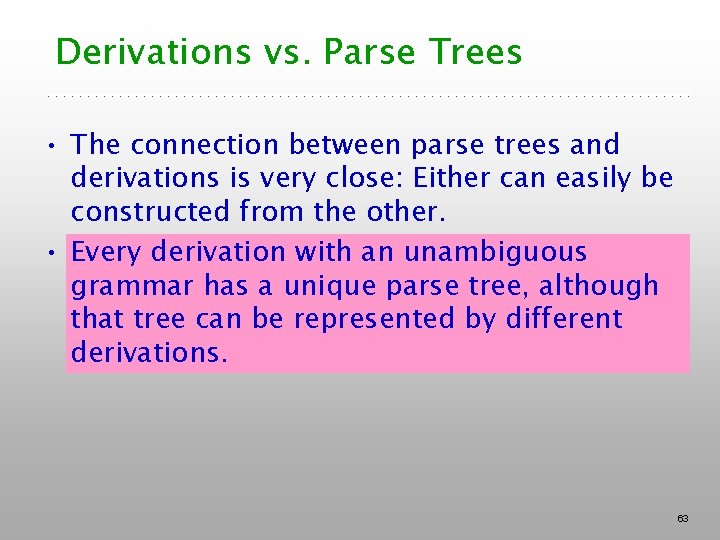 Derivations vs. Parse Trees • The connection between parse trees and derivations is very