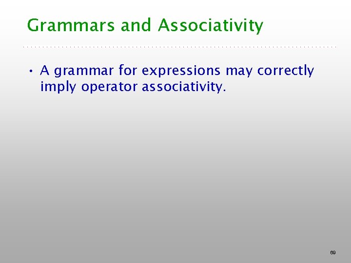 Grammars and Associativity • A grammar for expressions may correctly imply operator associativity. 69 Grammars and Associativity • A grammar for expressions may correctly imply operator associativity. 69