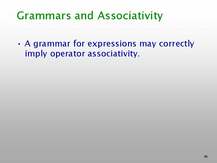 Grammars and Associativity • A grammar for expressions may correctly imply operator associativity. 69