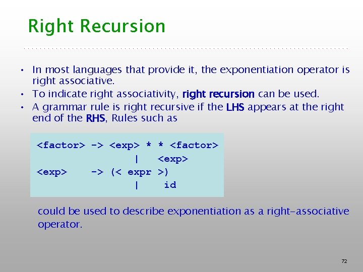 Right Recursion • In most languages that provide it, the exponentiation operator is right Right Recursion • In most languages that provide it, the exponentiation operator is right