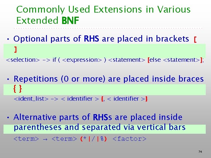 Commonly Used Extensions in Various Extended BNF • Optional parts of RHS are placed