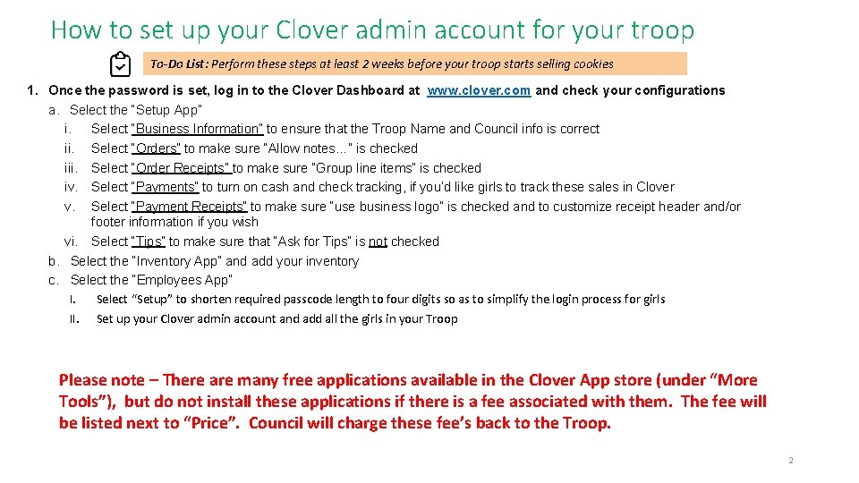 How to set up your Clover admin account for your troop To-Do List: Perform