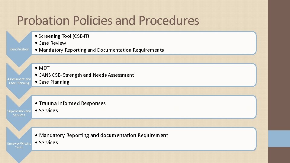 Probation Policies and Procedures Identification Assessment and Case Planning Supervision and Services Runaway/Missing Youth