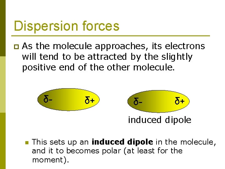 Dispersion forces p As the molecule approaches, its electrons will tend to be attracted