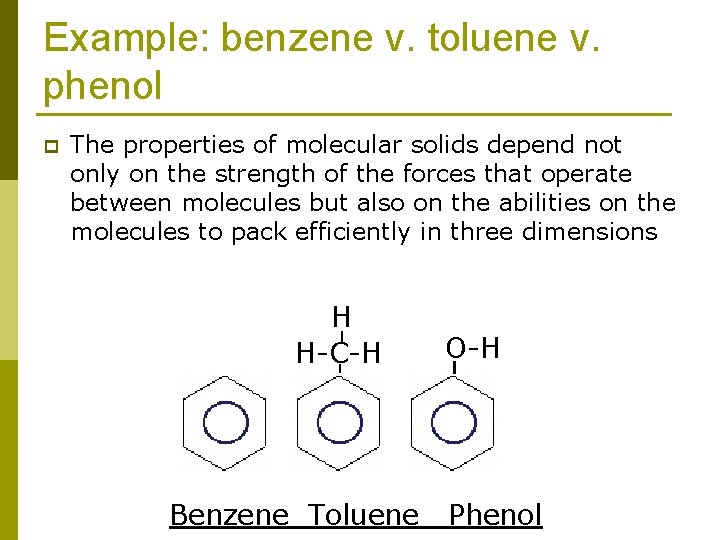 Example: benzene v. toluene v. phenol p The properties of molecular solids depend not