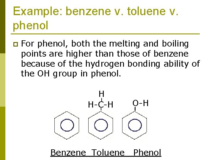 Example: benzene v. toluene v. phenol p For phenol, both the melting and boiling