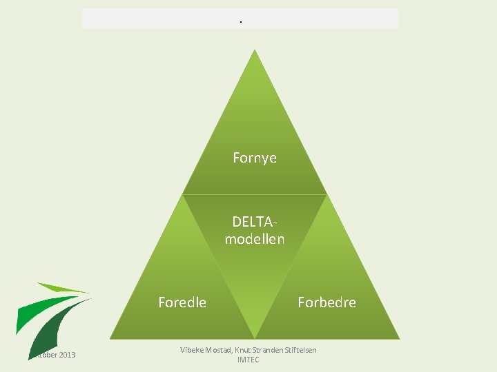 . Fornye DELTAmodellen Foredle Oktober 2013 Forbedre Vibeke Mostad, Knut Stranden Stiftelsen IMTEC 