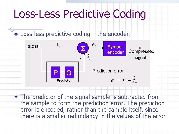 Loss-Less Predictive Coding Loss-less predictive coding – the encoder: signal The predictor of the Loss-Less Predictive Coding Loss-less predictive coding – the encoder: signal The predictor of the
