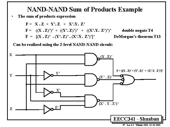 NAND-NAND Sum of Products Example • The sum of products expression F = X.