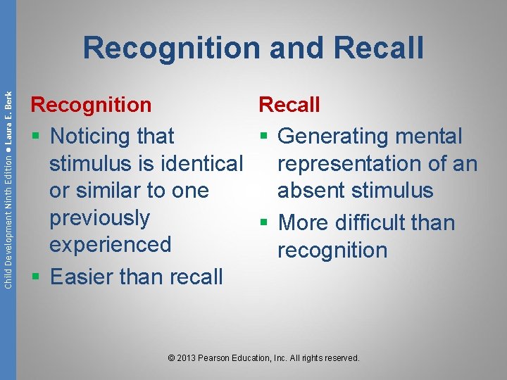 Child Development Ninth Edition ● Laura E. Berk Recognition and Recall Recognition Recall §