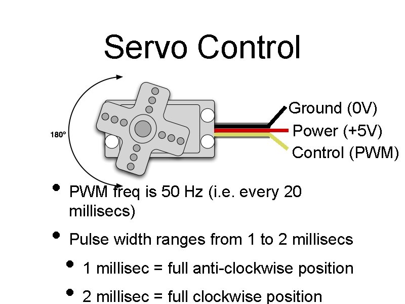 Servo Control Ground (0 V) Power (+5 V) Control (PWM) • PWM freq is