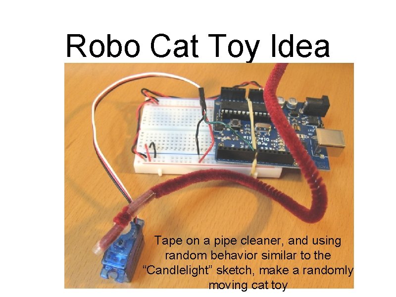 Robo Cat Toy Idea Tape on a pipe cleaner, and using random behavior similar