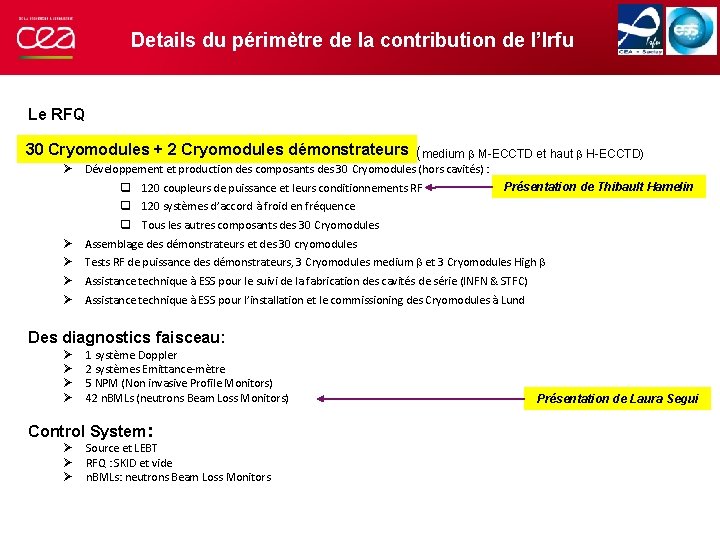 Details du périmètre de la contribution de l’Irfu Le RFQ 30 30 Cryomodules ++
