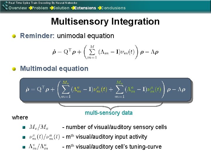 Real Time Spike Train Decoding By Neural Networks Overview èProblem èSolution èExtensions èConclusions Multisensory
