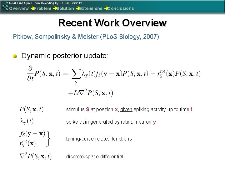 Real Time Spike Train Decoding By Neural Networks Overview èProblem èSolution èExtensions èConclusions Recent