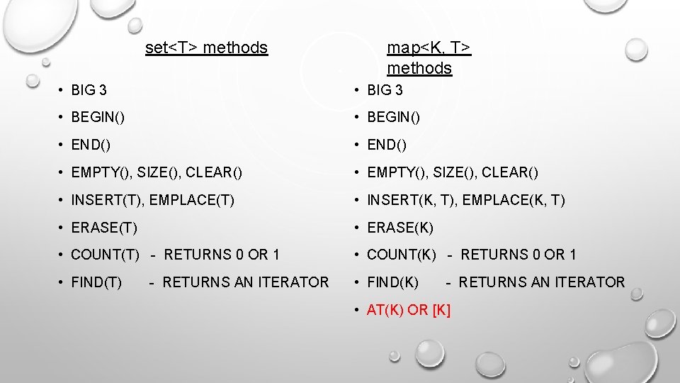 set<T> methods map<K, T> methods • BIG 3 • BEGIN() • END() • EMPTY(),