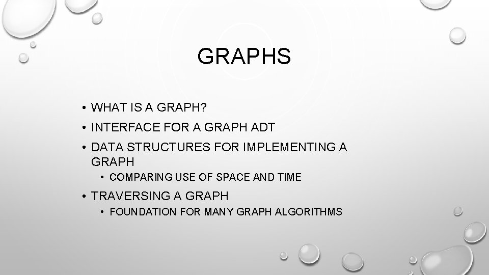 GRAPHS • WHAT IS A GRAPH? • INTERFACE FOR A GRAPH ADT • DATA