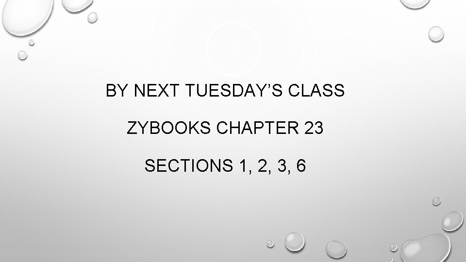 BY NEXT TUESDAY’S CLASS ZYBOOKS CHAPTER 23 SECTIONS 1, 2, 3, 6 