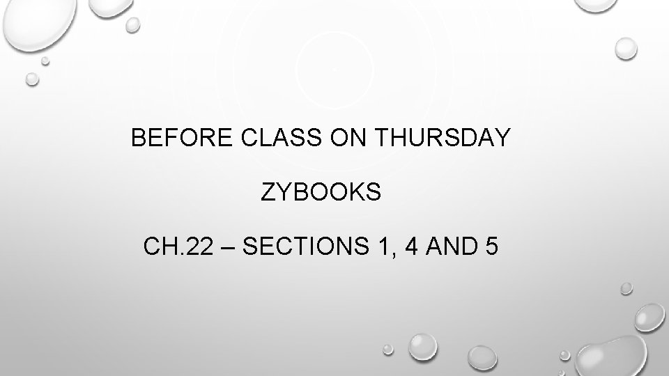 BEFORE CLASS ON THURSDAY ZYBOOKS CH. 22 – SECTIONS 1, 4 AND 5 