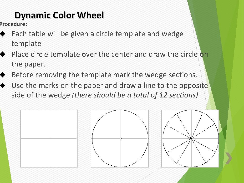 Dynamic Color Wheel Procedure: Each table will be given a circle template and wedge