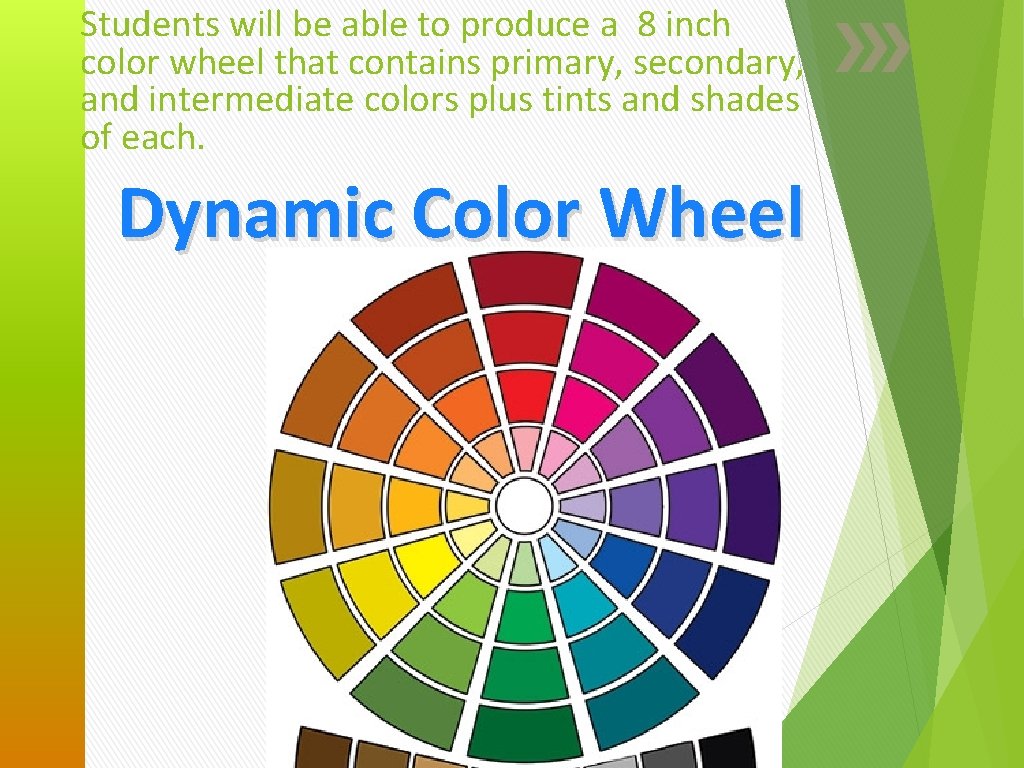 Students will be able to produce a 8 inch color wheel that contains primary,