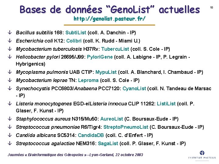 Bases de données “Geno. List” actuelles 18 http: //genolist. pasteur. fr/ â Bacillus subtilis