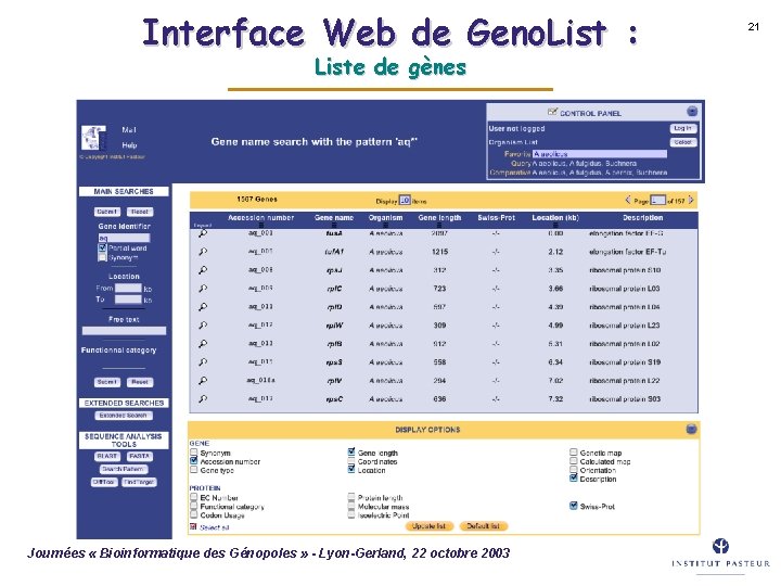 Interface Web de Geno. List : Liste de gènes Journées « Bioinformatique des Génopoles