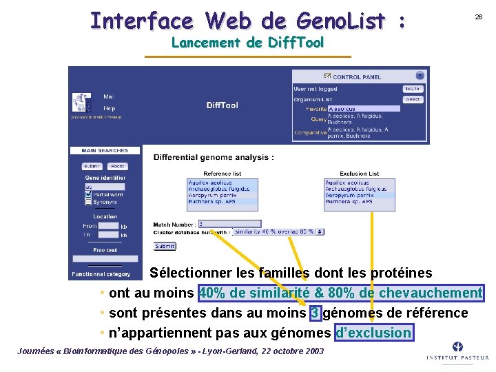 Interface Web de Geno. List : 26 Lancement de Diff. Tool Sélectionner les familles