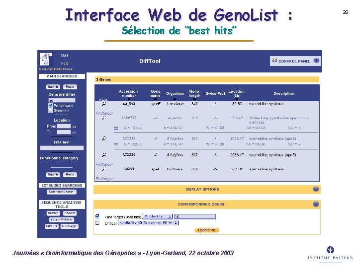 Interface Web de Geno. List : Sélection de “best hits” Journées « Bioinformatique des