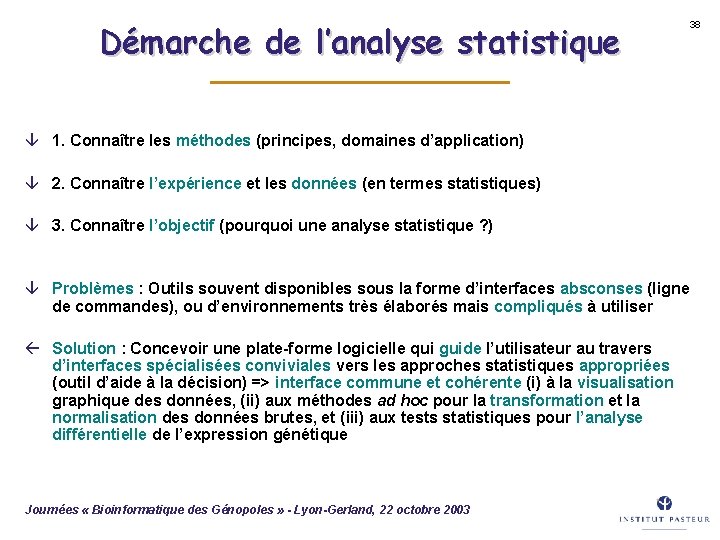 Démarche de l’analyse statistique 38 â 1. Connaître les méthodes (principes, domaines d’application) â
