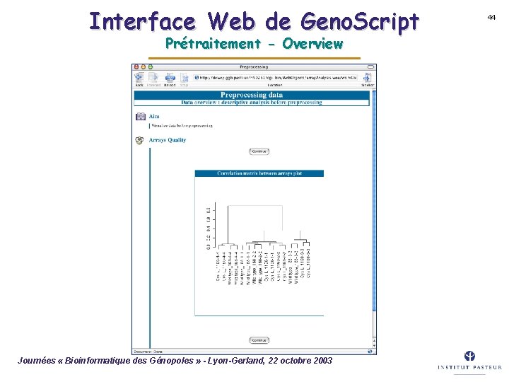 Interface Web de Geno. Script Prétraitement - Overview Journées « Bioinformatique des Génopoles »