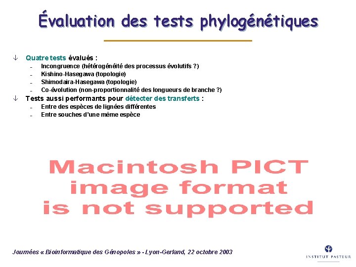 Évaluation des tests phylogénétiques â Quatre tests évalués : – – Incongruence (hétérogénéité des