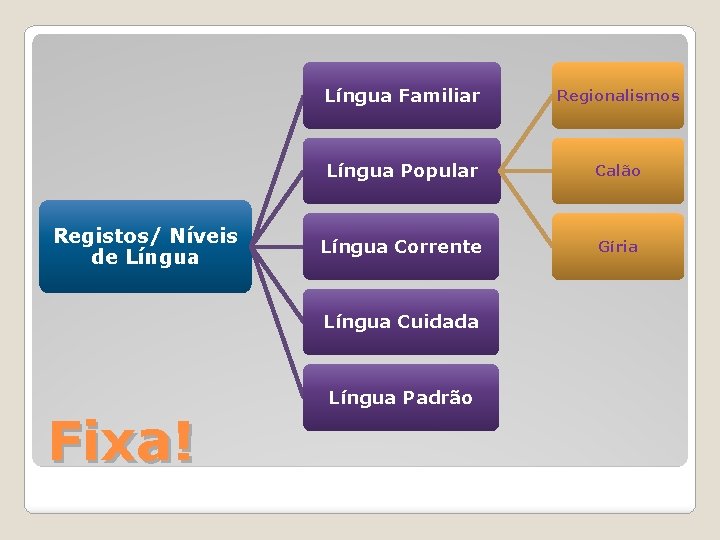 Registos/ Níveis de Língua Familiar Regionalismos Língua Popular Calão Língua Corrente Gíria Língua Cuidada