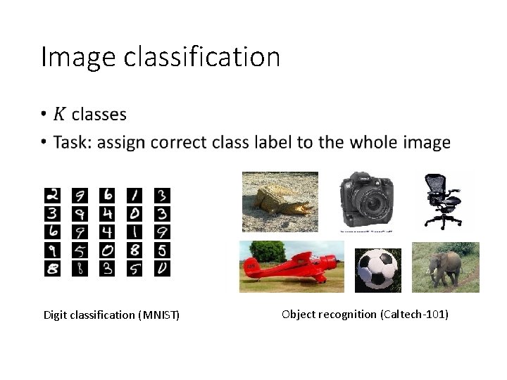 Image classification • Digit classification (MNIST) Object recognition (Caltech-101) 
