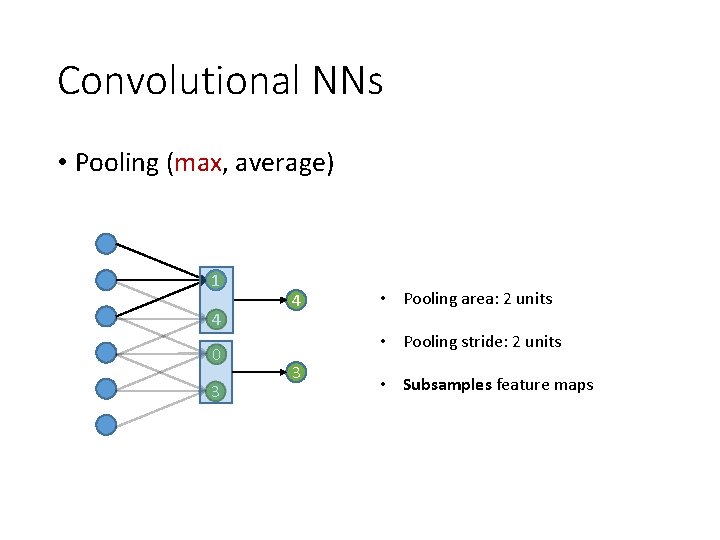 Convolutional NNs • Pooling (max, average) 1 4 0 3 4 • Pooling area: Convolutional NNs • Pooling (max, average) 1 4 0 3 4 • Pooling area:
