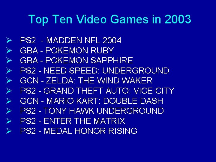 Top Ten Video Games in 2003 Ø Ø Ø Ø Ø PS 2 -