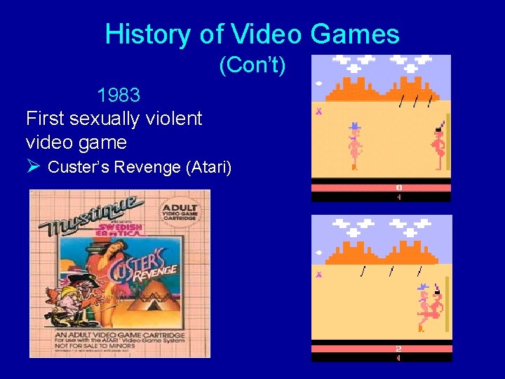 History of Video Games (Con’t) 1983 First sexually violent video game Ø Custer’s Revenge